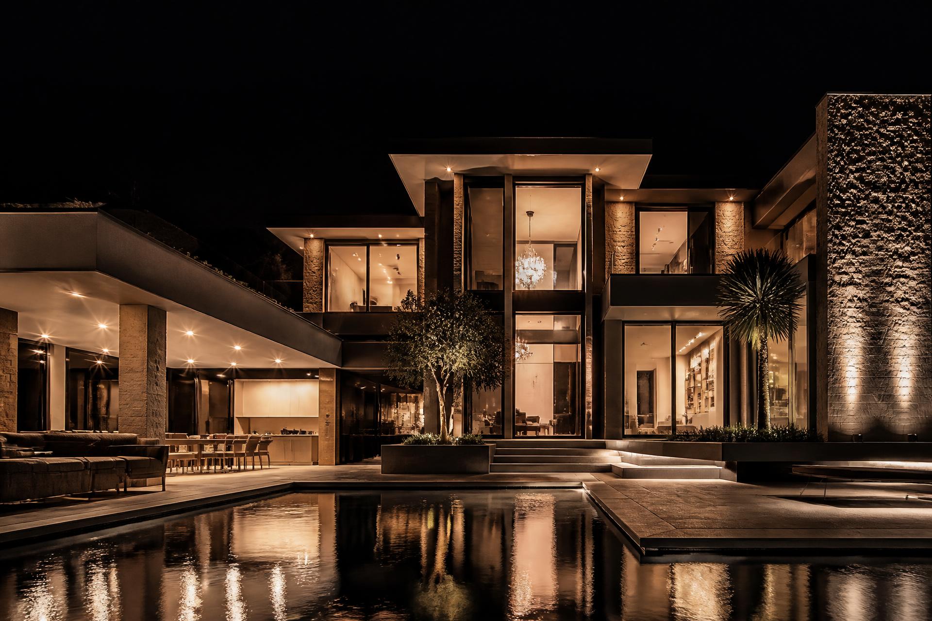 Luxury Johannesburg residential home lit at dusk